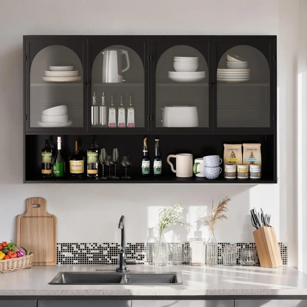 Retro Mint Green Glass Door Wall Cabinet with Removable Shelves