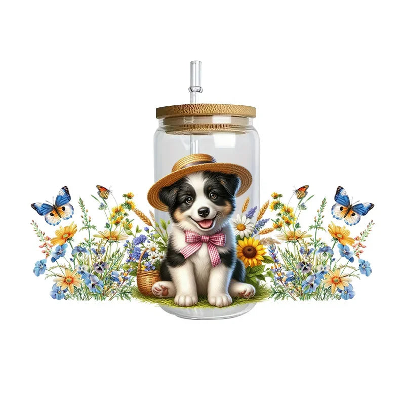 Cute dogs artwork UV 3D transfers UV DTF  stickers 16oz cup wraps