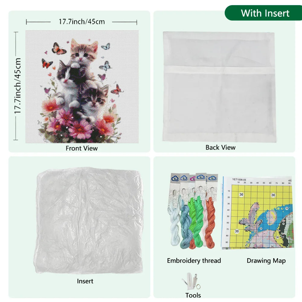 Cat Cross Stitch Pillow Kit Flower Printed Canvas 11CT Needlework Set Cartoon Handmade Craft Living Room Accessories