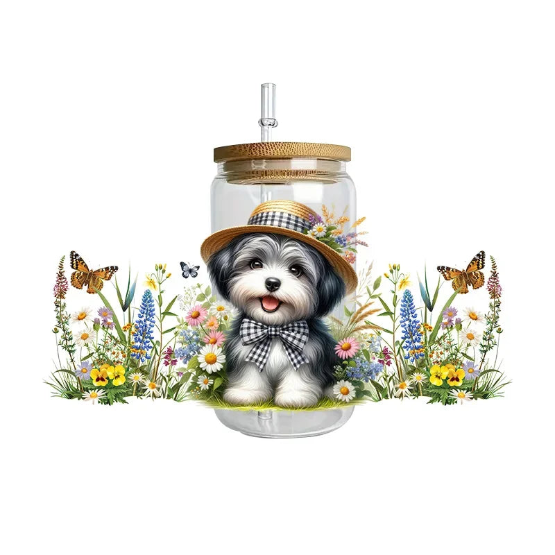 Cute dogs artwork UV 3D transfers UV DTF  stickers 16oz cup wraps