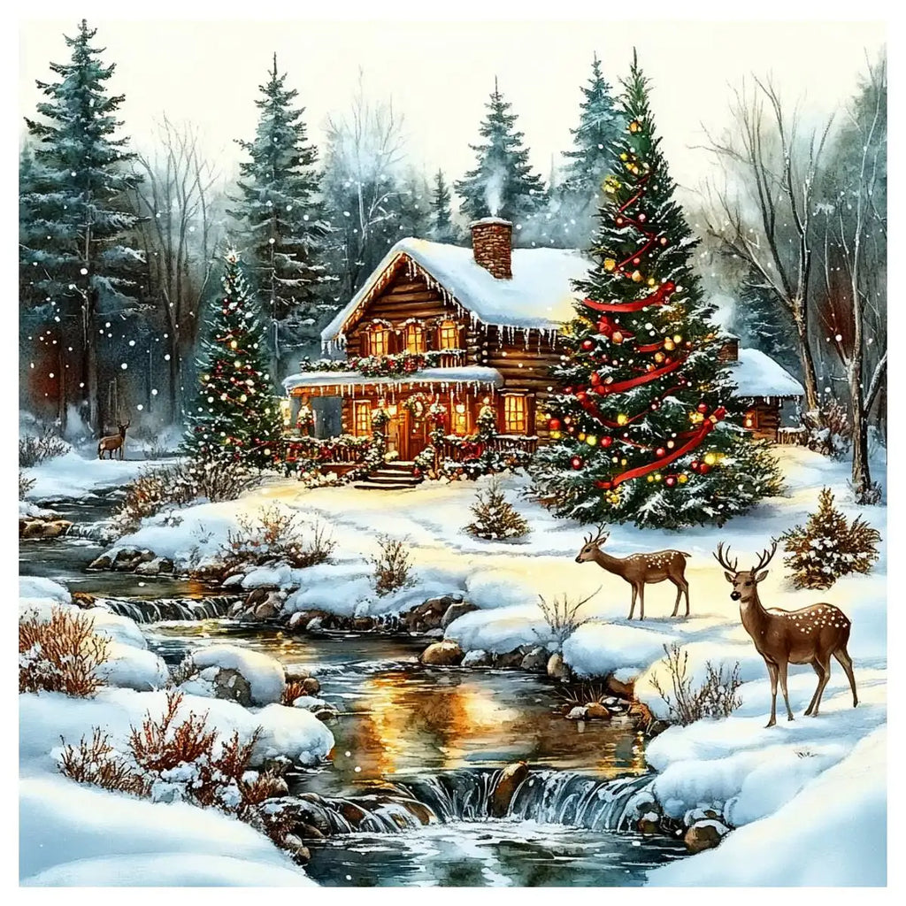 The snow scene outside the house at Christmas stamped cross stitch kit