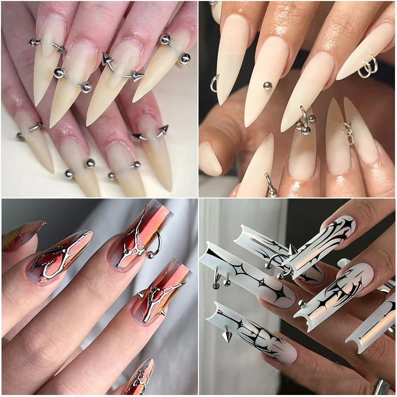 12 Grids Goth Punk Nail Charms Studs Y2K Piercing Designs Metallic Silvery Nails Art Rivets 3D Stars Alloy Nail Art Decorations