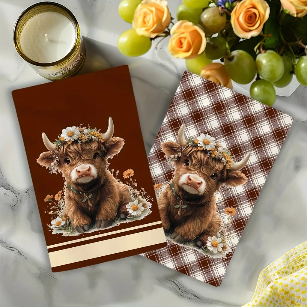 2Pcs, Highland Cow Brown Plaid Kitchen Towels,