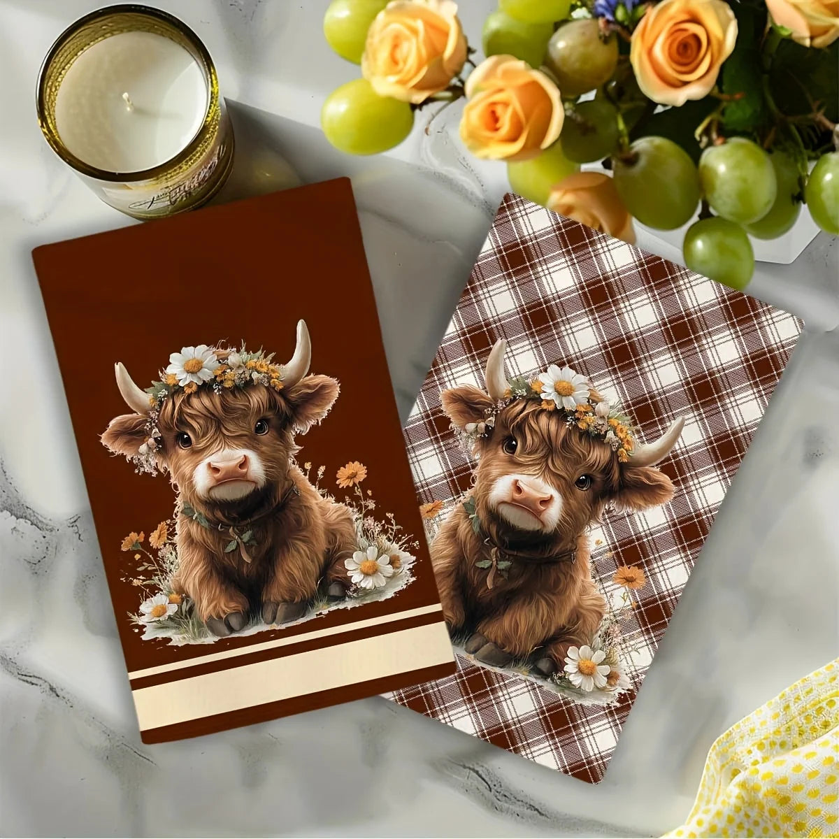 2Pcs, Highland Cow Brown Plaid Kitchen Towels,