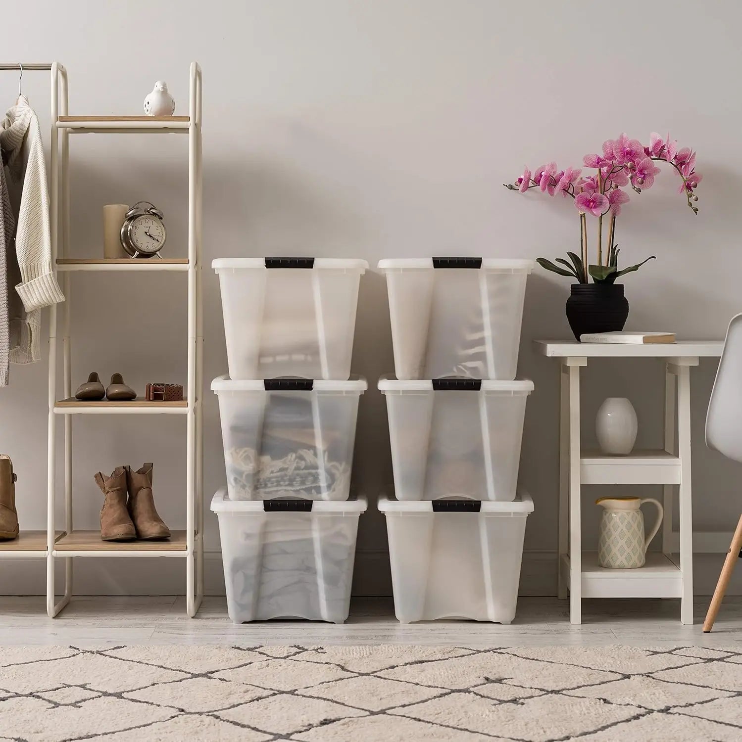 Stackable Plastic Storage Bins with Lids, Latches, Durable Nestable Containers, Secure Pull Handle - Pearl