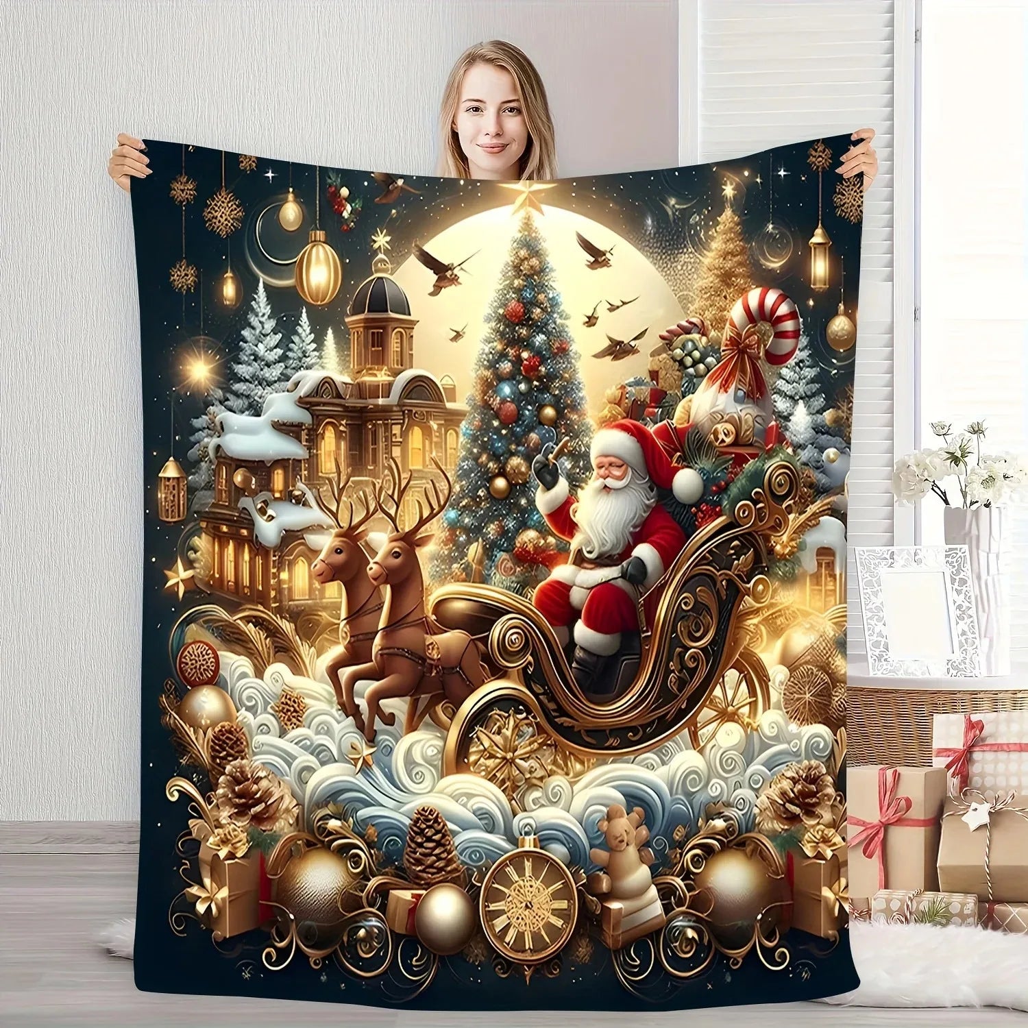 1pc Holiday Santa Claus Reindeer Sleigh Christmas Tree Elements Flannel Fleece Blanket，