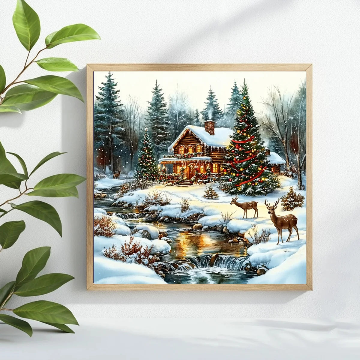The snow scene outside the house at Christmas stamped cross stitch kit
