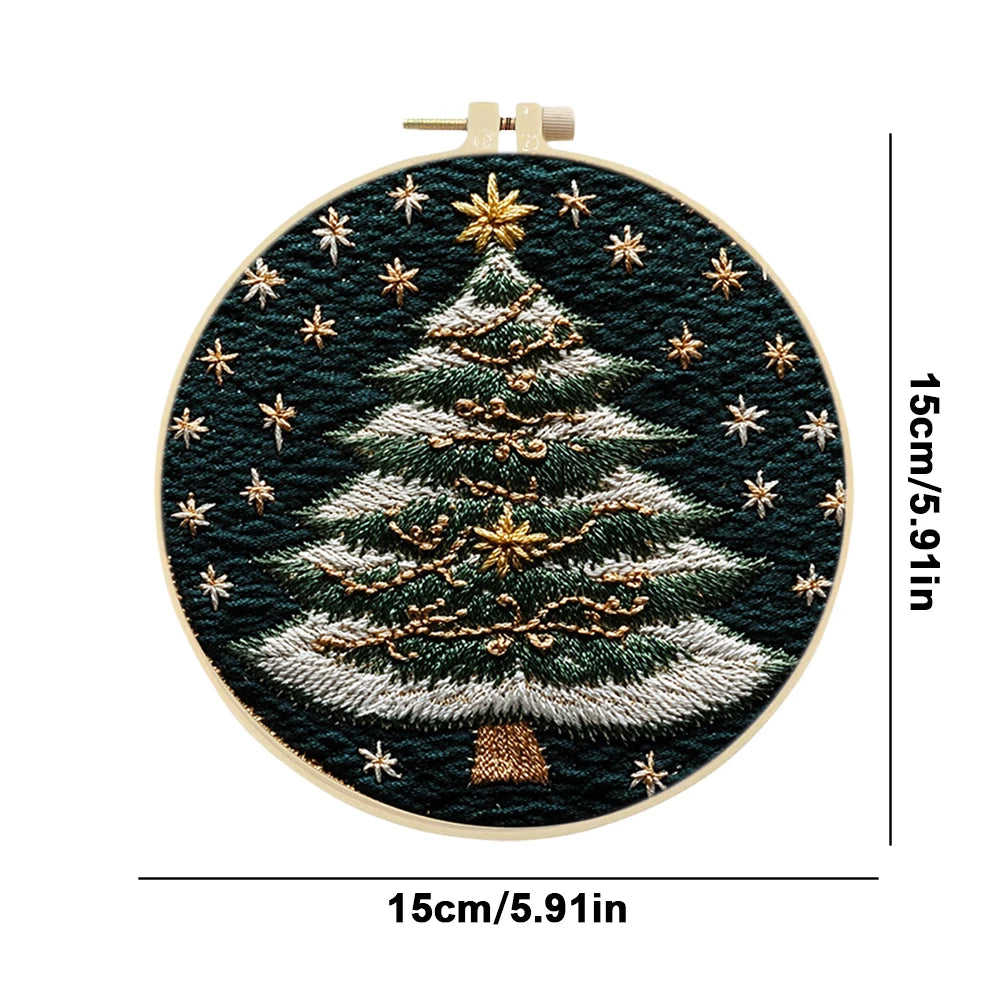Christmas Tree Stamped Cross Stitch Embroidery Kits with Hoop Cloth Color Thread