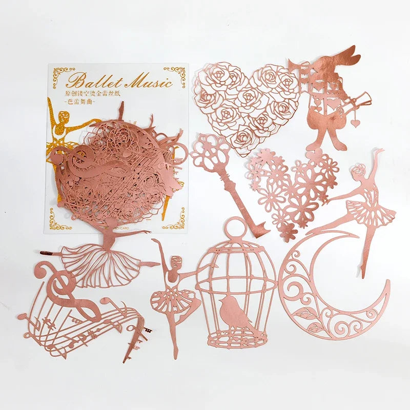 10Pcs Gold Lace Leaf Paper Scrapbook Sticker Die Cut