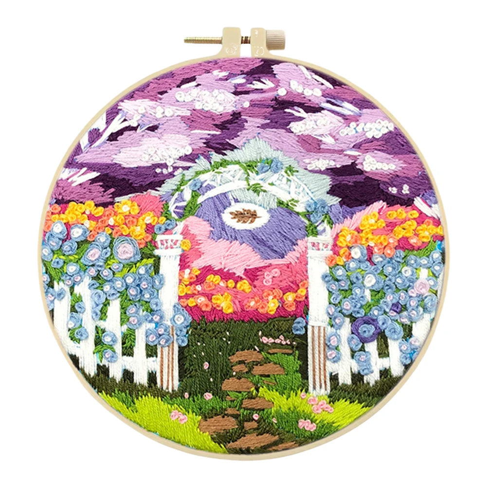 Landscape Stamped Cross Stitch Embroidery Kits with Hoop