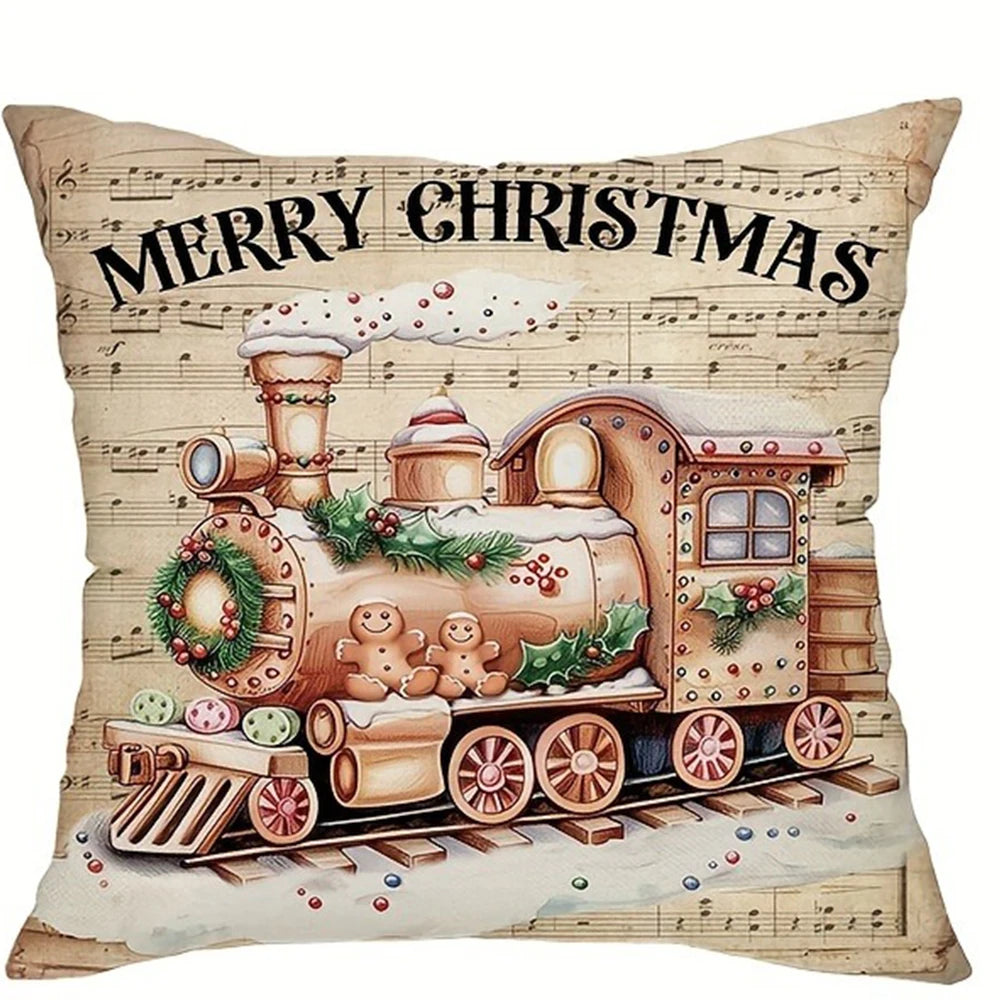Christmas gingerbread decoration pillowcase New Year gift Christmas train cabin pattern home room decoration sofa cushion cover
