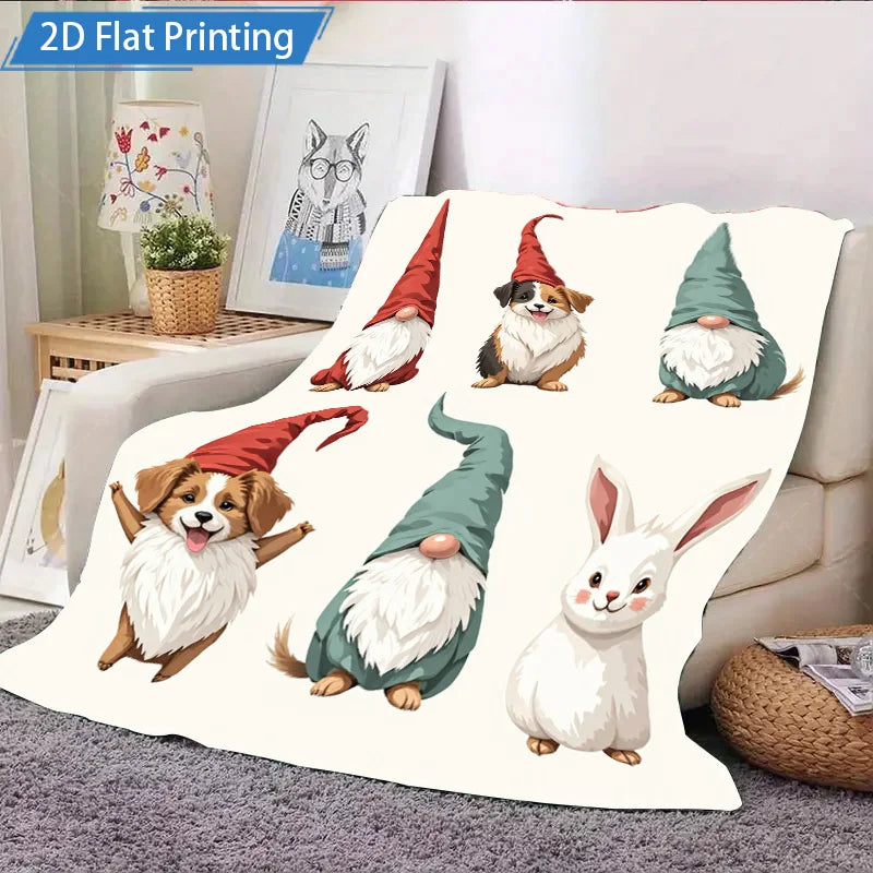 1pc Flannel Blanket Cute Gnomes and Pets Fleece Blanket 2D Printed Soft Cozy Throw for Home Decor Bedroom Living Room