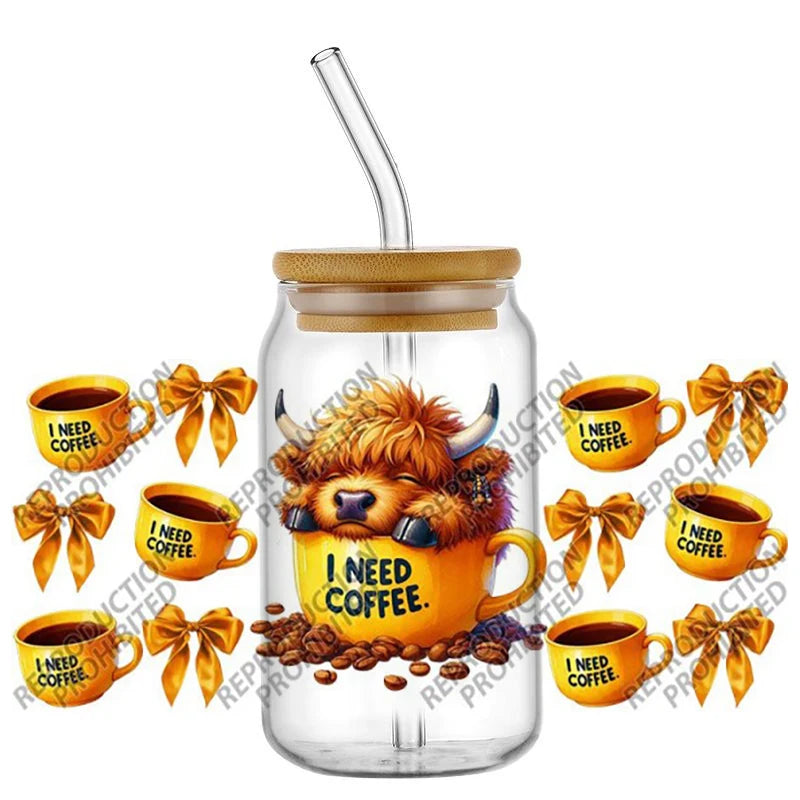 Scotland cow I need coffee UV DTF  Decals for 16oz cup wraps