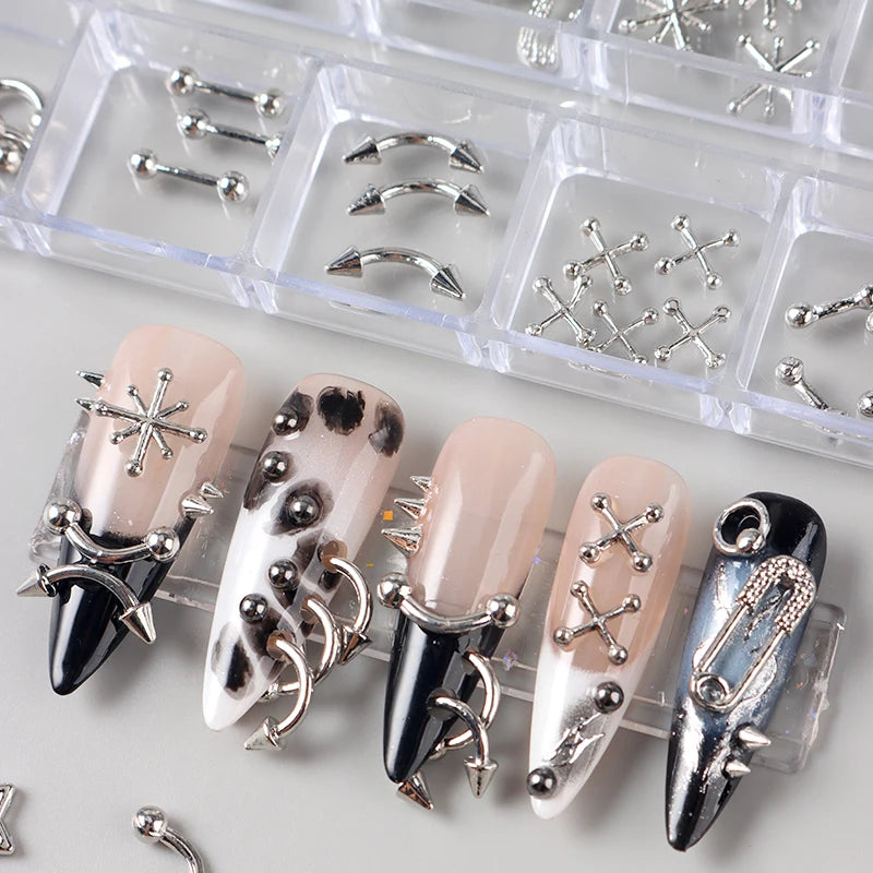12 Grids Goth Punk Nail Charms Studs Y2K Piercing Designs Metallic Silvery Nails Art Rivets 3D Stars Alloy Nail Art Decorations