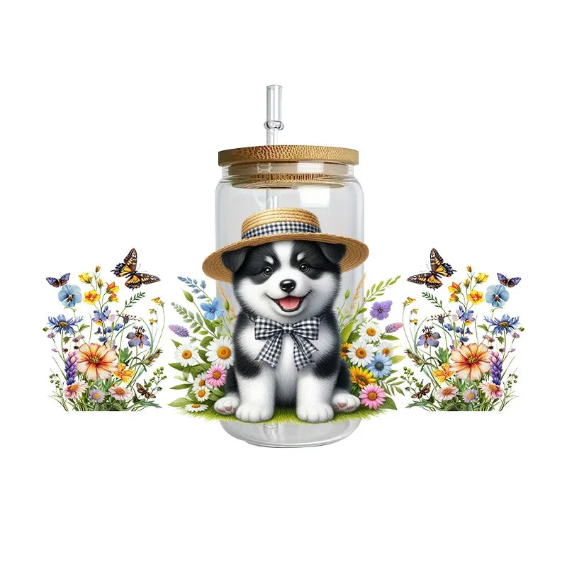 Cute dogs artwork UV 3D transfers UV DTF  stickers 16oz cup wraps