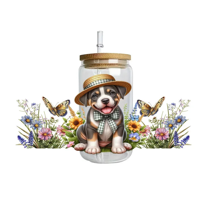 Cute dogs artwork UV 3D transfers UV DTF  stickers 16oz cup wraps