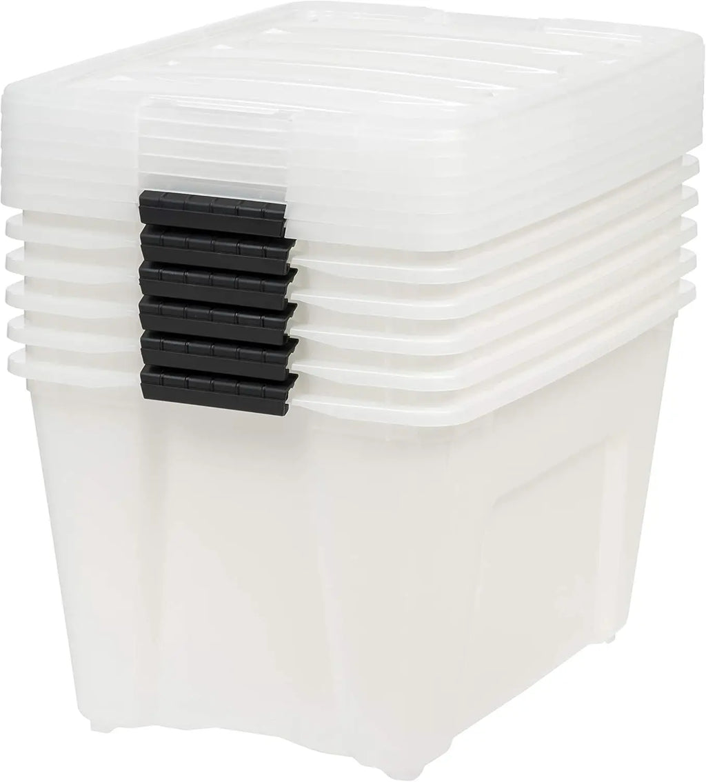 Stackable Plastic Storage Bins with Lids, Latches, Durable Nestable Containers, Secure Pull Handle - Pearl