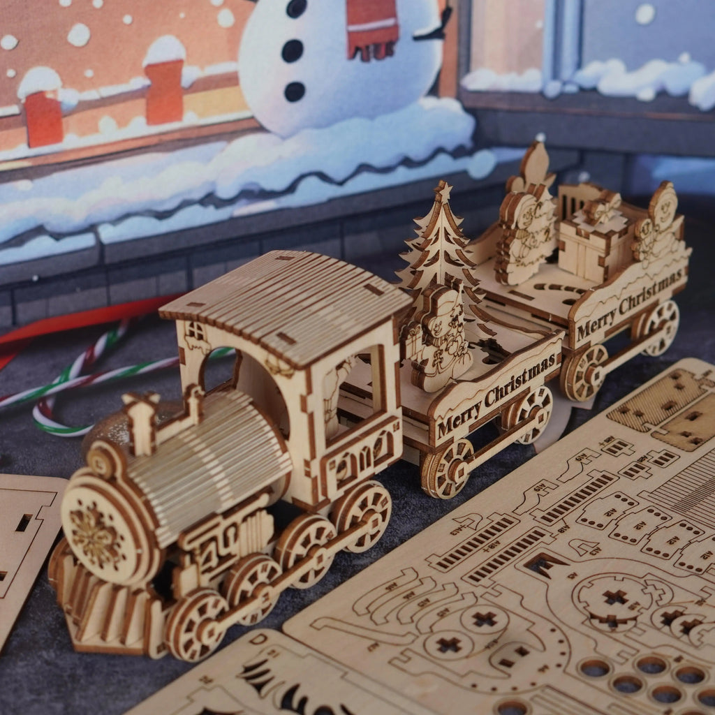 3D Wooden Christmas Train Puzzle Set - Retro Yellow Steam Motorcycle with Santa Claus, Snowman and Holiday Scene - Ideal Gift and Seasonal Decoration, Winter Wonderland Christmas Decoration