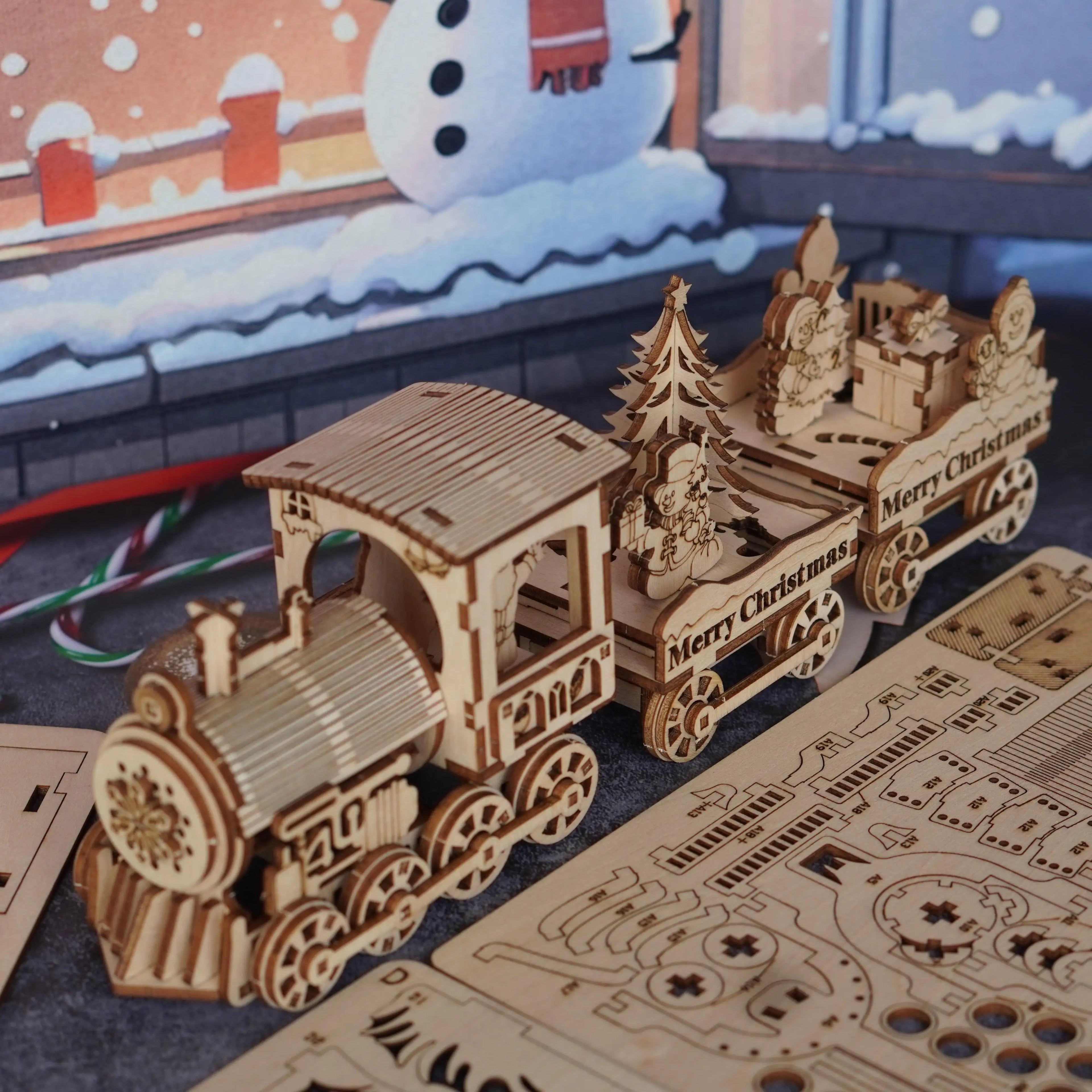 3D Wooden Christmas Train Puzzle Set - Retro Yellow Steam Motorcycle with Santa Claus, Snowman and Holiday Scene - Ideal Gift and Seasonal Decoration, Winter Wonderland Christmas Decoration