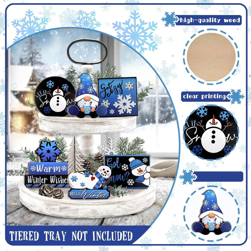 6PCS Winter Christmas  Blue Gnome/Snowman/Snowflake Wooden Signs,