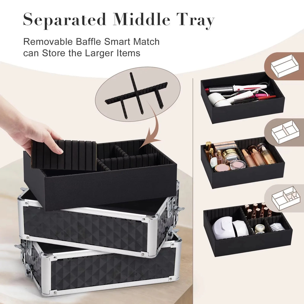 Makeup Trolley Case Detachable 4 in 1 Alloy Train Briefcase for Nail Manicure on Wheels