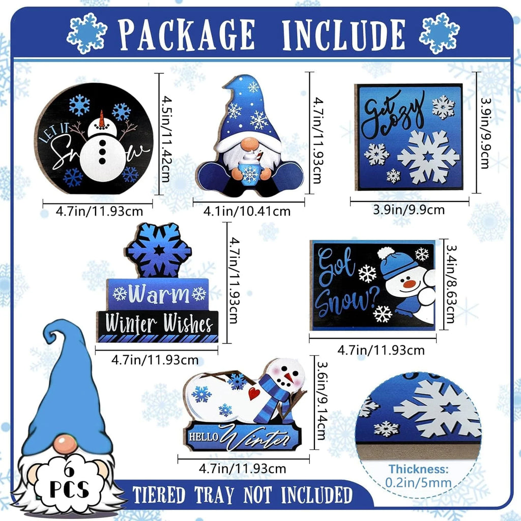 6PCS Winter Christmas  Blue Gnome/Snowman/Snowflake Wooden Signs,