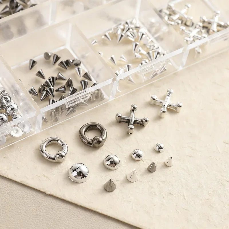 "12 Grid Gothic Nail Patch -3D Grey and Silver Alloy Rivets, Y2K Punk Nail Accessories, Metal Ring, Used for Nail Decoration.