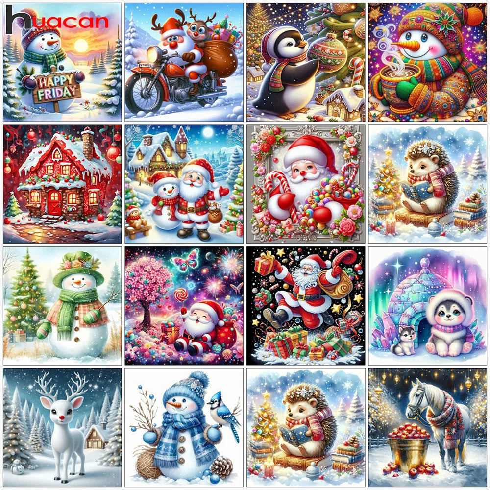Huacan DIY Embroidery Santa Claus Complete Kit 5D Cross Stitch Landscape Snowman Winter Unique Christmas Gift Modern Home Decor