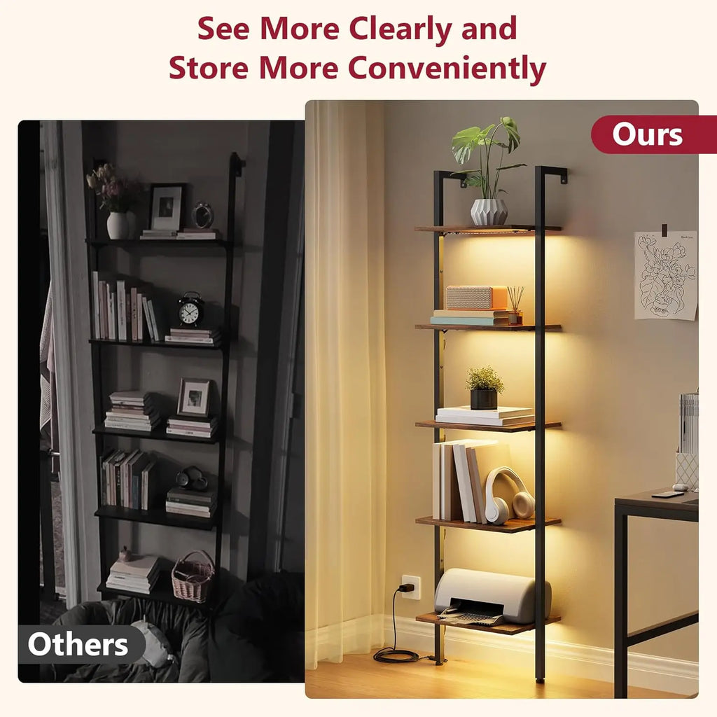 5-Tier Wall-Mounted Ladder Shelf with LED Light, Metal Frame