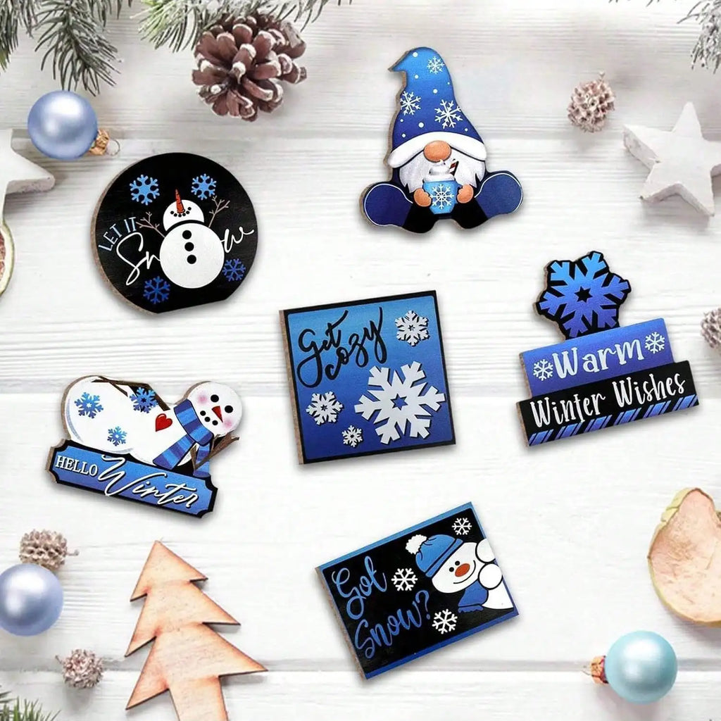 6PCS Winter Christmas  Blue Gnome/Snowman/Snowflake Wooden Signs,
