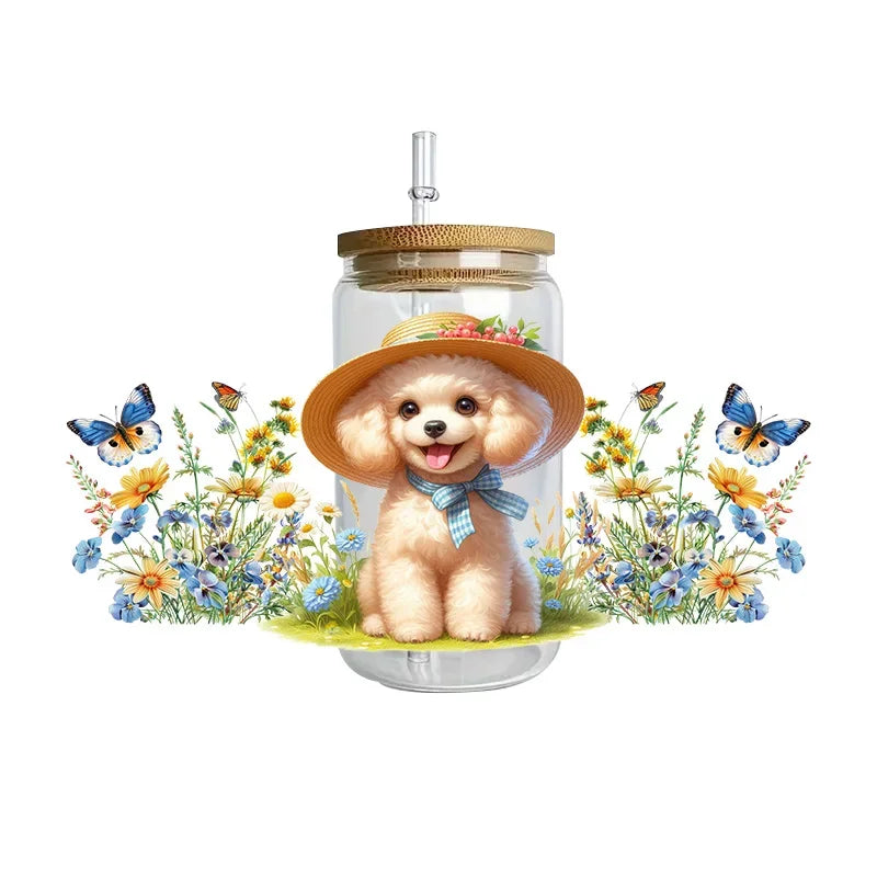 Cute dogs artwork UV 3D transfers UV DTF  stickers 16oz cup wraps