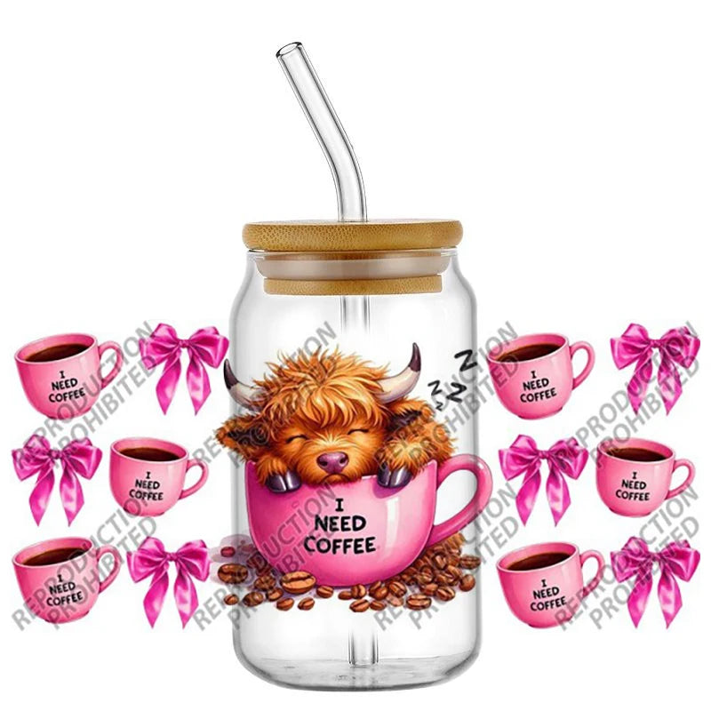 Scotland cow I need coffee UV DTF  Decals for 16oz cup wraps