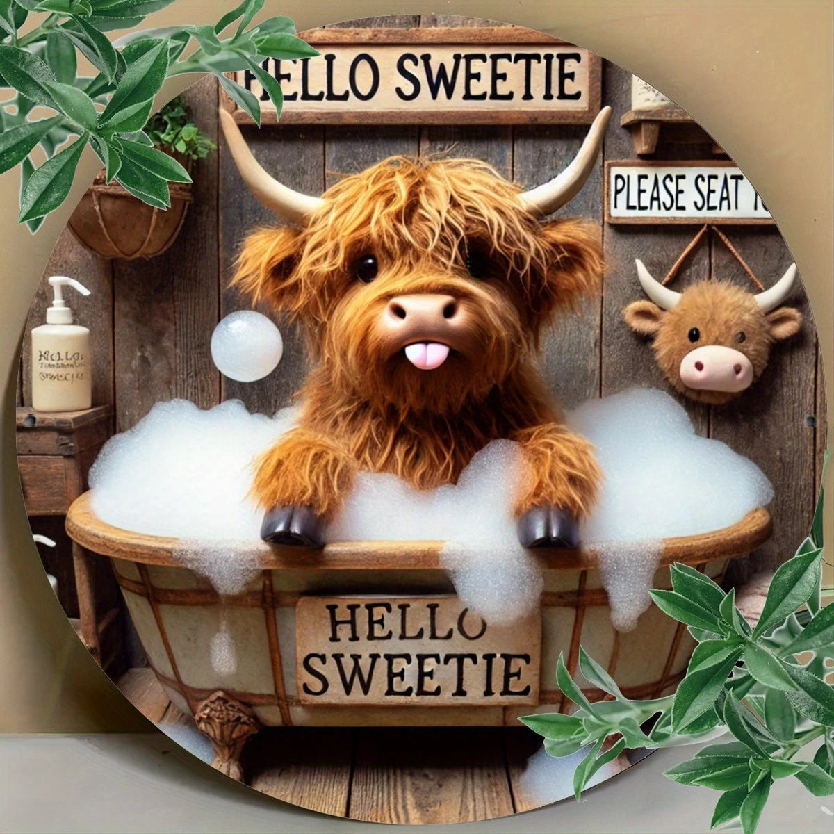 1 Piece 2D Wooden Disc Bathtub Cow 8 Inch Wall Art Bar Cafe Club And Kitchen Home Garden Outdoor Multifunctional Wall Decoration