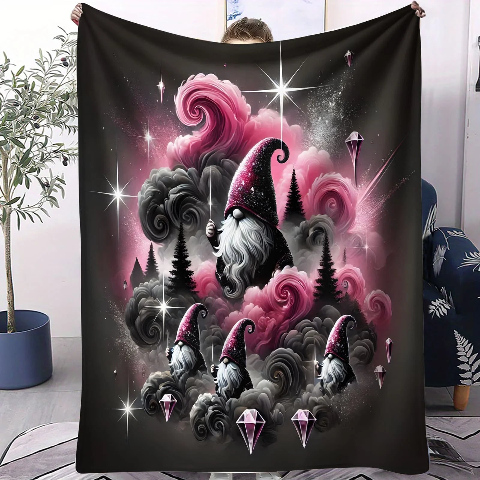 Fantasy Gnome Flannel Blanket Flower Christmas Gnomes Bedroom Throw Decor Camping Sofa Blanket Kids Couples Family Friends Gift