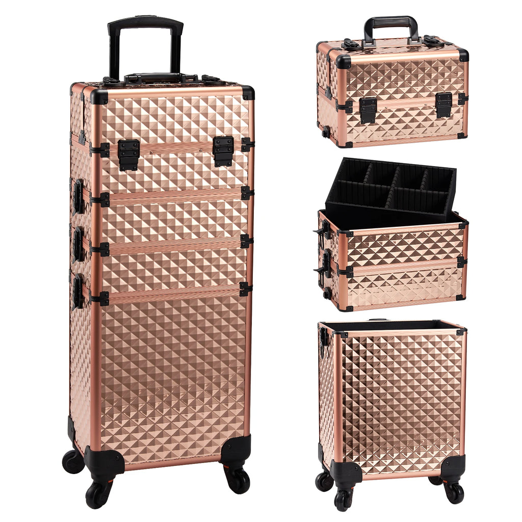 Makeup Trolley Case Detachable 4 in 1 Alloy Train Briefcase for Nail Manicure on Wheels