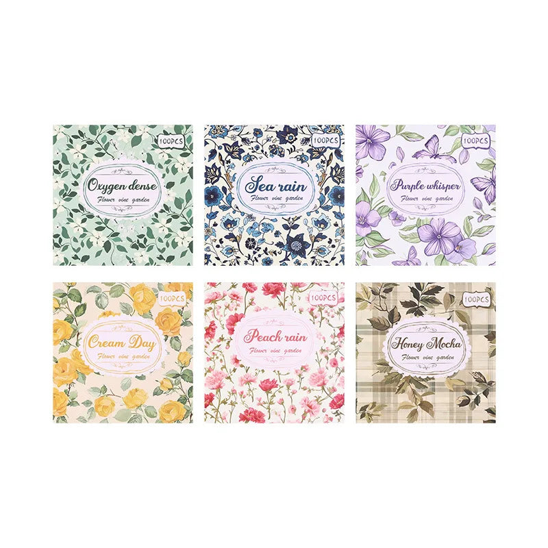 6 Styles, Each with 100 Sheets, Retro Style Plant and Flower Material Paper DIY Hand Account Decoration Base Paper