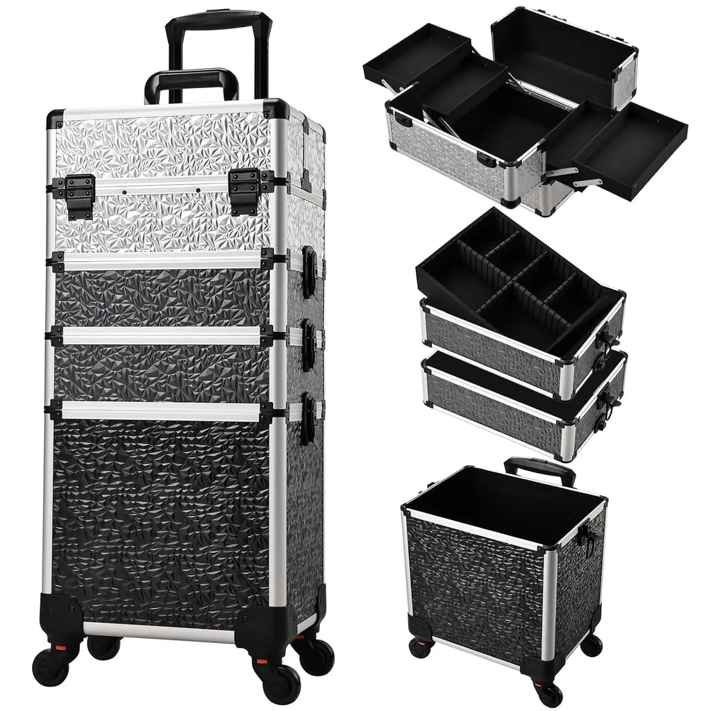 Makeup Trolley Case Detachable 4 in 1 Alloy Train Briefcase for Nail Manicure on Wheels