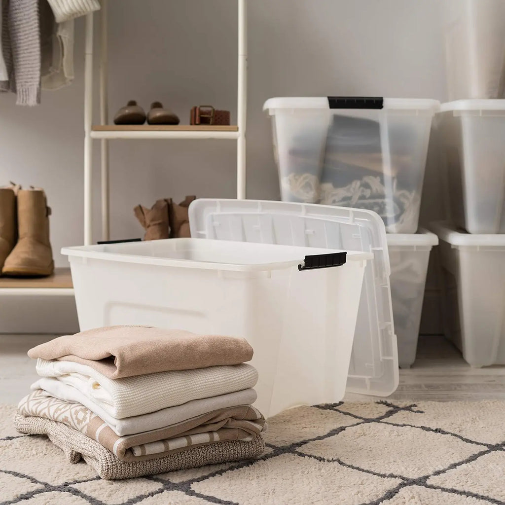 Stackable Plastic Storage Bins with Lids, Latches, Durable Nestable Containers, Secure Pull Handle - Pearl