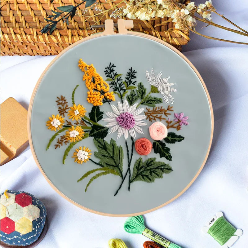 Floral Bird Animal Wreath Design Mixed Color Threads Needles And Instructions For All Crafting Embroidery Kits With Hoop