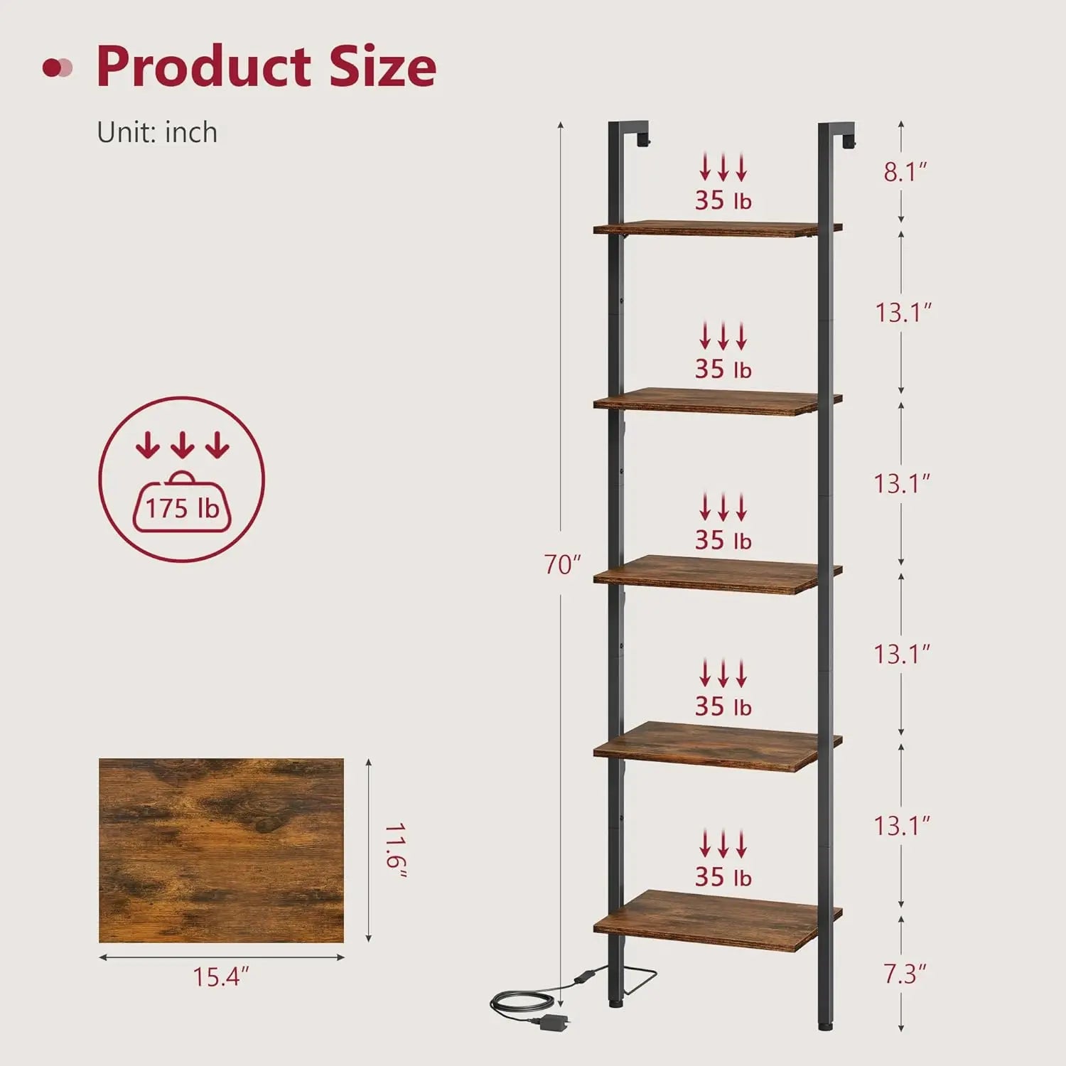 5-Tier Wall-Mounted Ladder Shelf with LED Light, Metal Frame