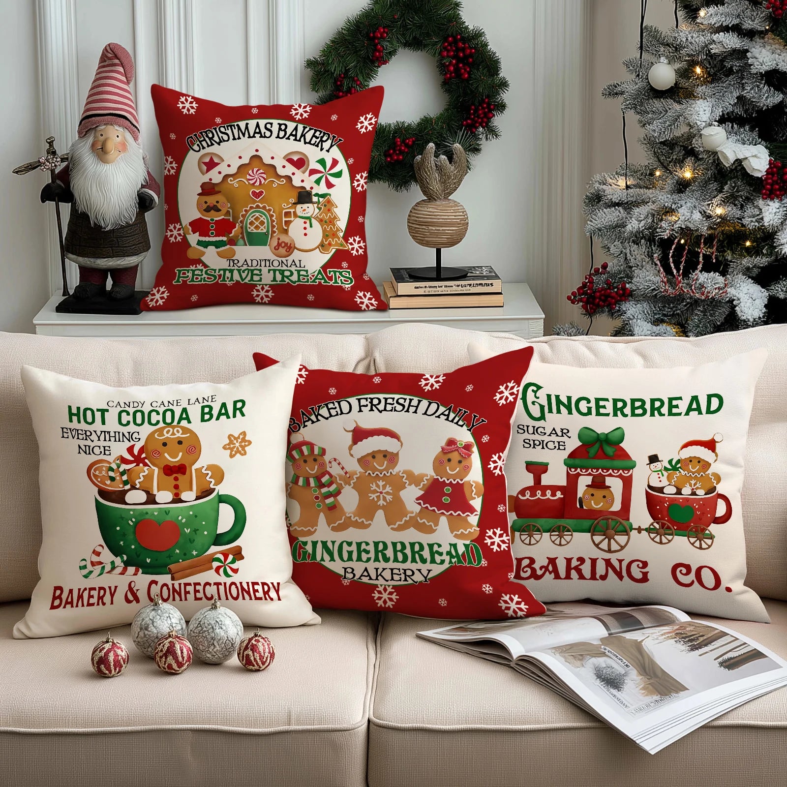 1/4pcs red Christmas pillowcases,  gingerbread bakery design