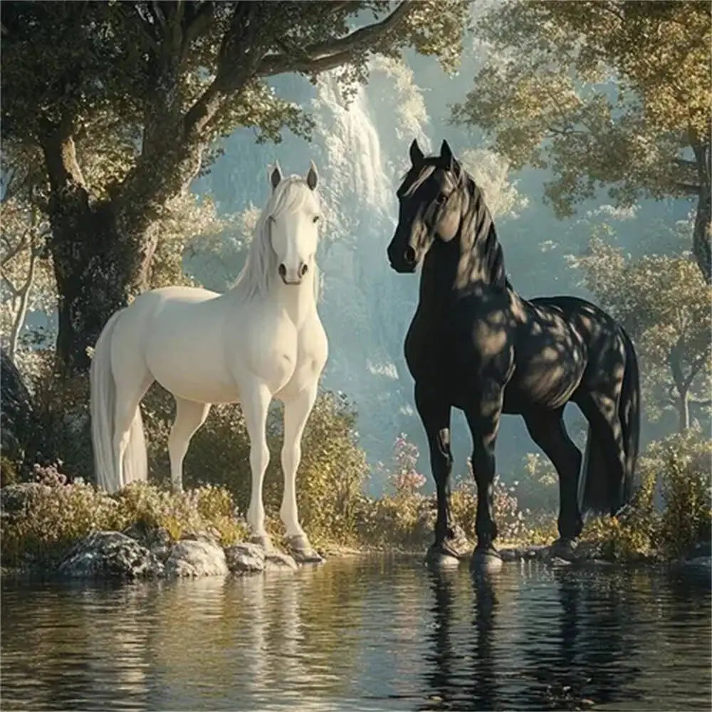 5D Brave Warhorse Diamond Painting Waterfall Forest