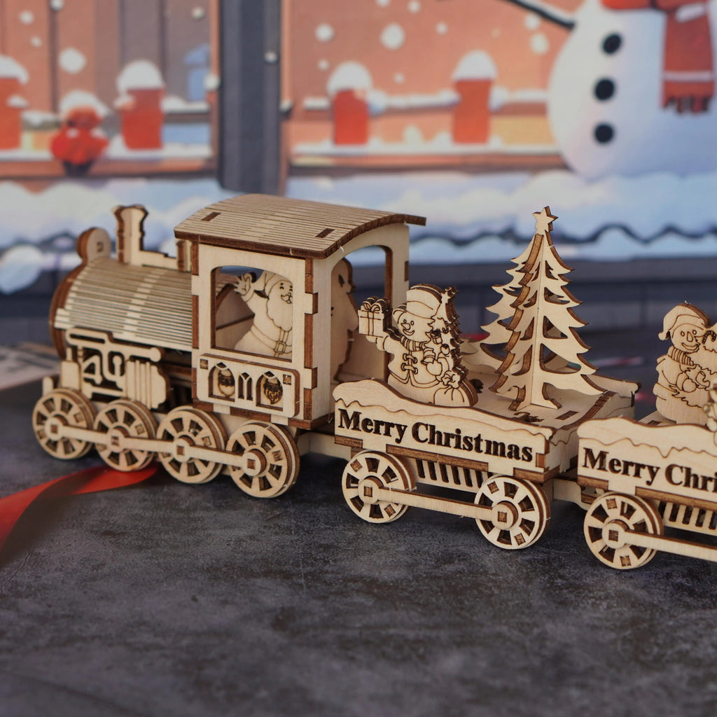 3D Wooden Christmas Train Puzzle Set - Retro Yellow Steam Motorcycle with Santa Claus, Snowman and Holiday Scene - Ideal Gift and Seasonal Decoration, Winter Wonderland Christmas Decoration