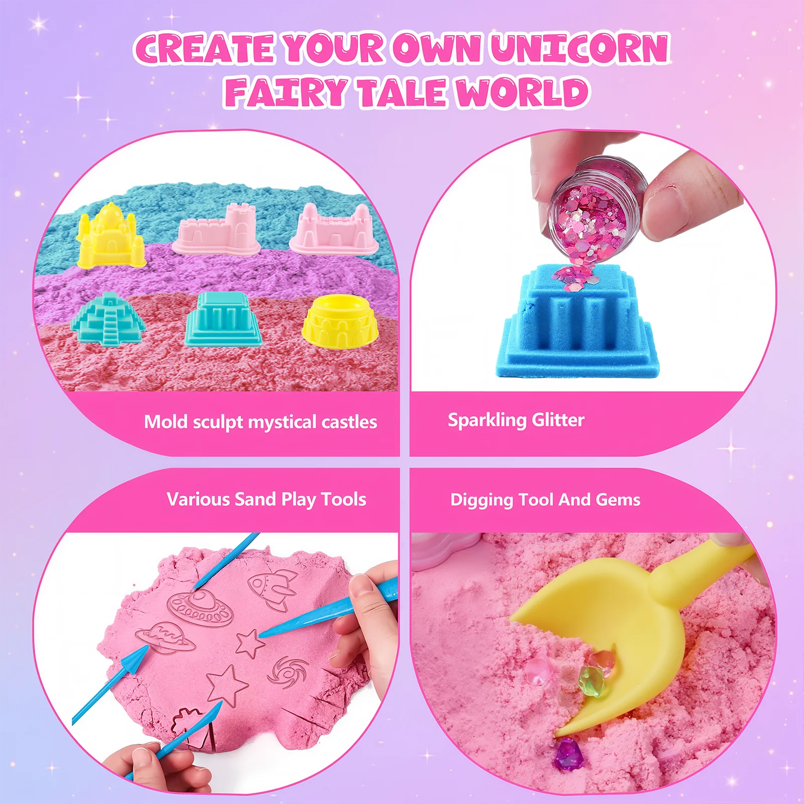 Unicorn Sensory Bin for Girl, Magic Sand Art Kit for Kids with Sandbox, Castle Molds, 2.18lb 3 Color Sand, Best Birthday Gift