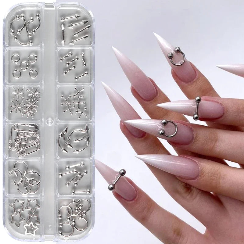 12 Grids Goth Punk Nail Charms Studs Y2K Piercing Designs Metallic Silvery Nails Art Rivets 3D Stars Alloy Nail Art Decorations