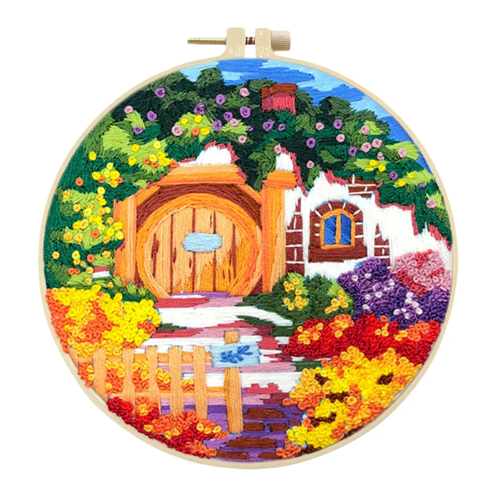 Landscape Stamped Cross Stitch Embroidery Kits with Hoop
