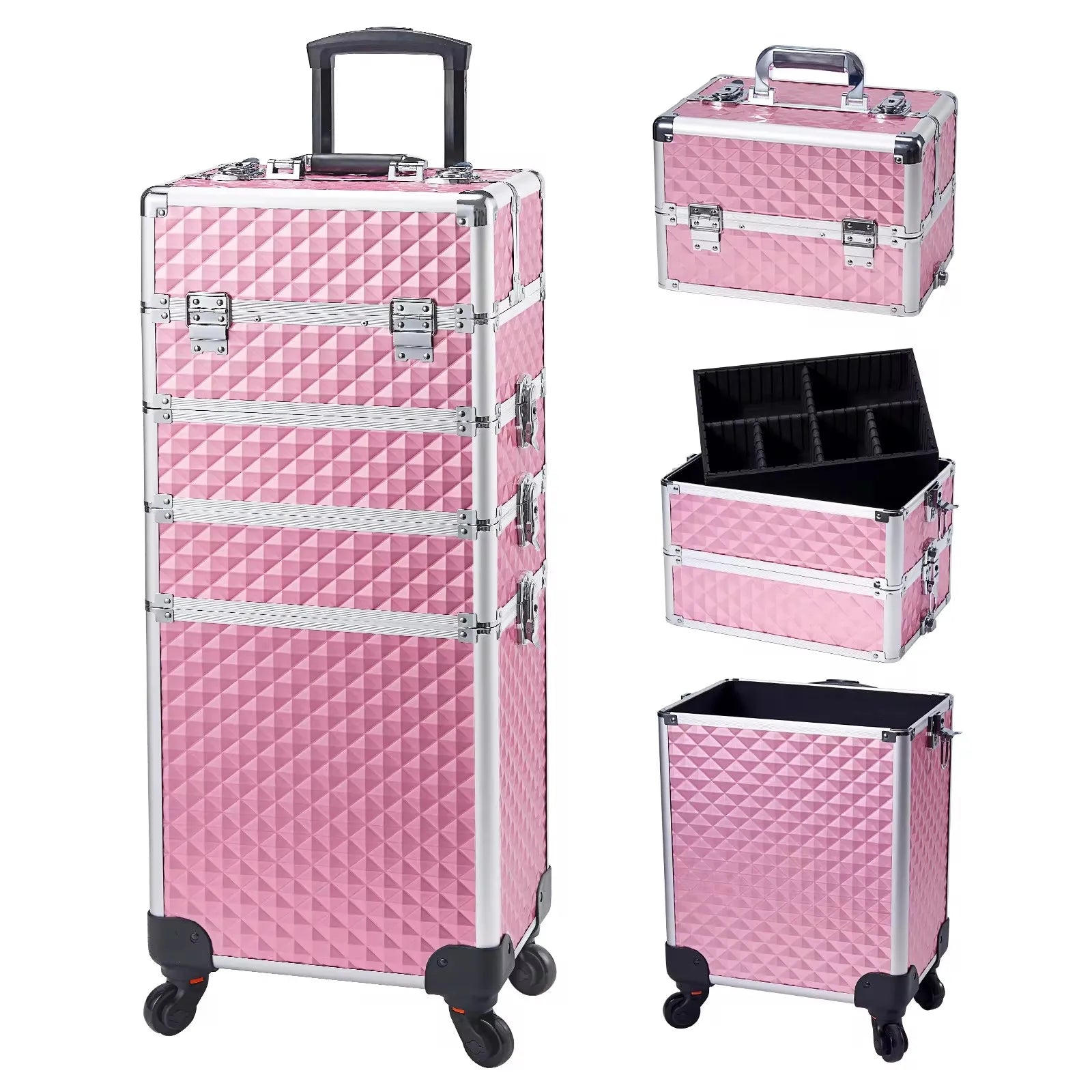 Makeup Trolley Case Detachable 4 in 1 Alloy Train Briefcase for Nail Manicure on Wheels