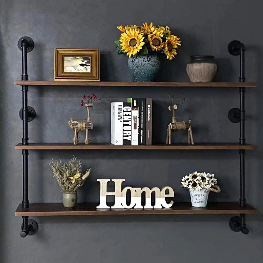 Industrial Pipe Wall Shelves with Real Wood Plank in Dark Brown