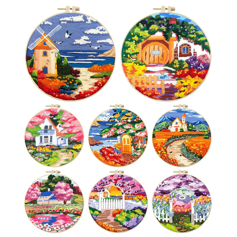 Landscape Stamped Cross Stitch Embroidery Kits with Hoop