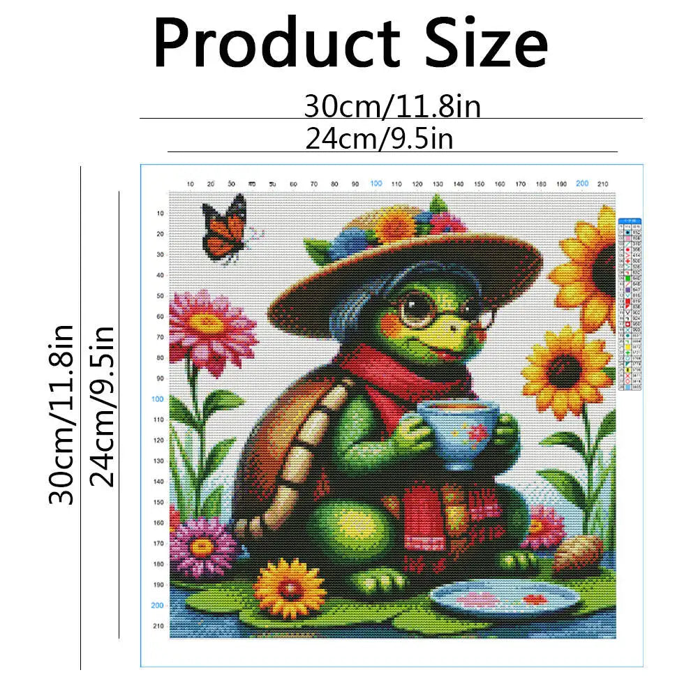 Full 11CT Embroidery Cross Stitch Kits Charming Turtle Tea Scene Pre Printed Aida Cloth